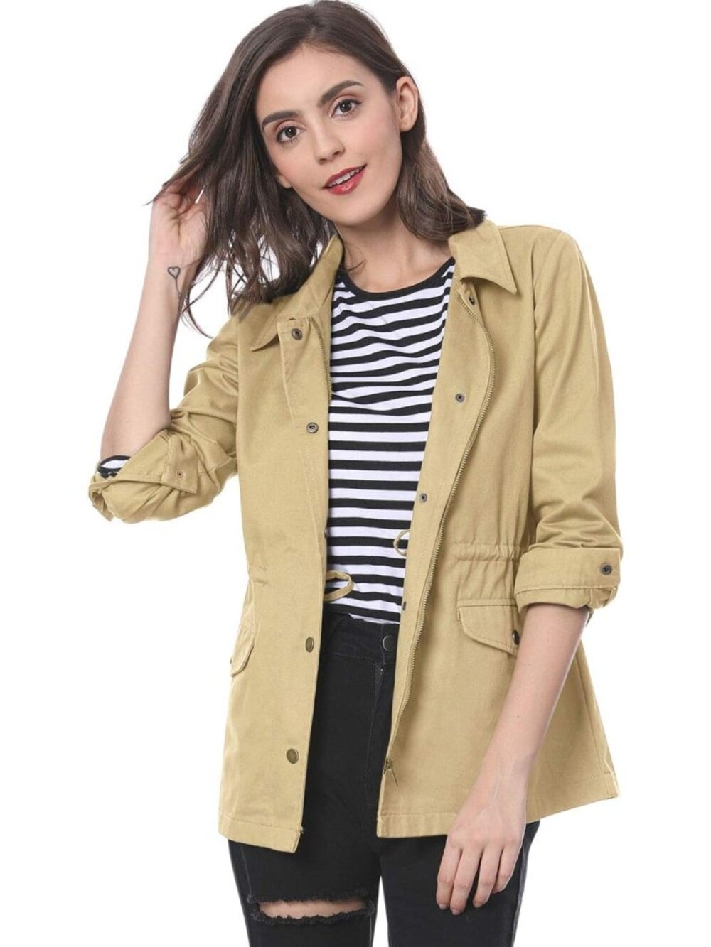 Women's Camel Zip Up Snap Buttons Drawstring Waist Pockets Anorak Utility Jacket